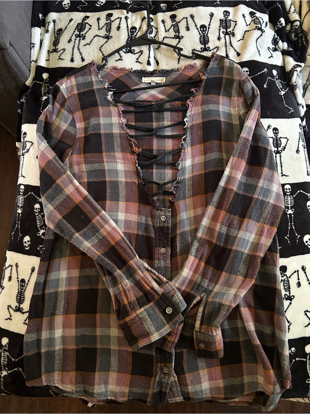 Buckle Plaid Lace-Up Front Flannel in Black, Brown, Tan
